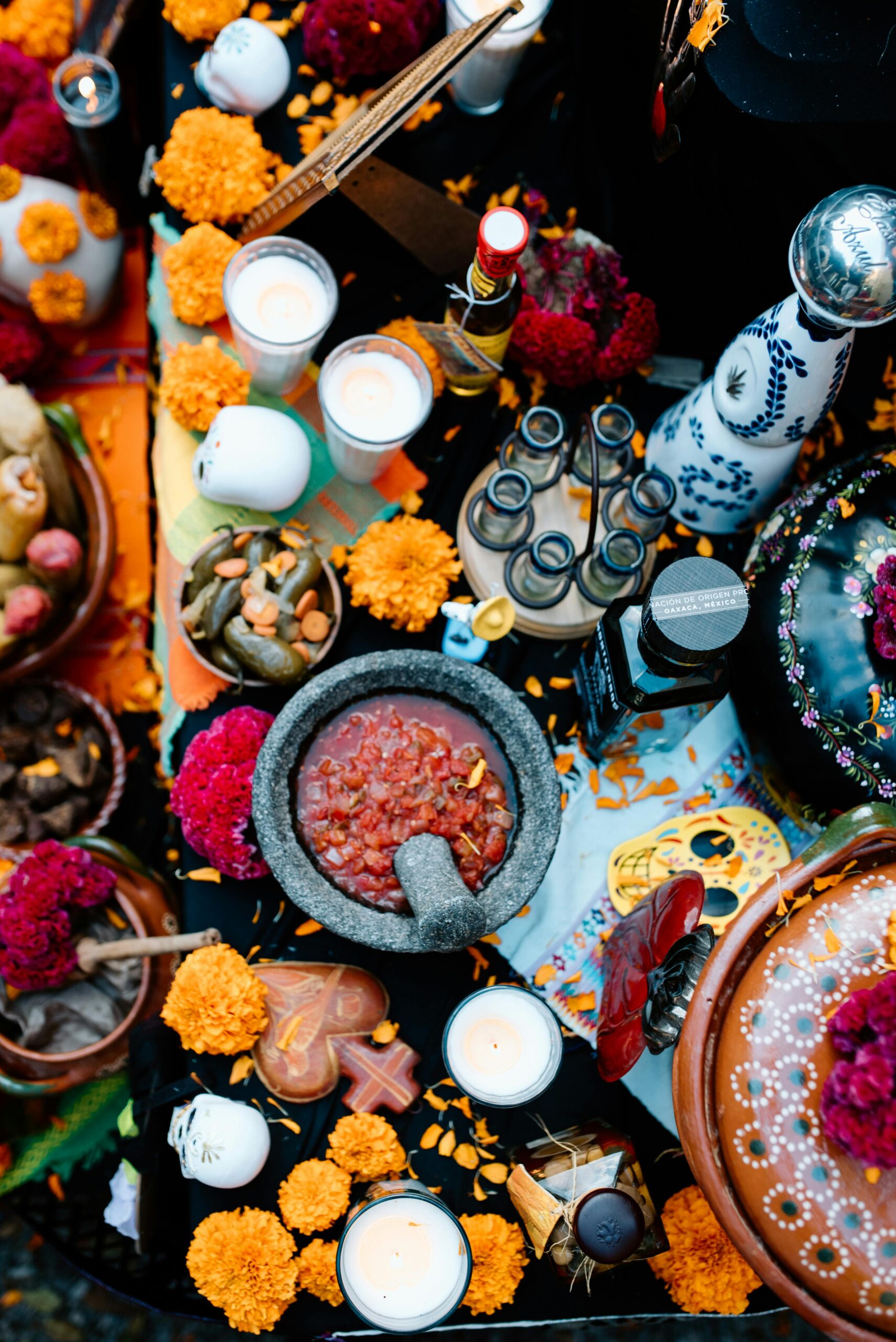 Vibrant Day of the Dead altar with traditional decorations and offerings in Guadalajara, Mexico.